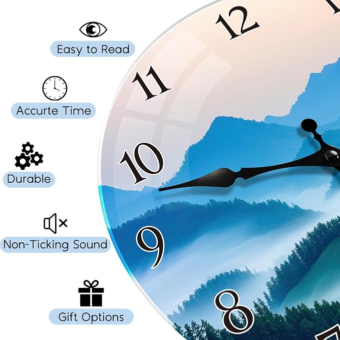 Britimes Round Wall Clock Silent Non-Ticking Battery Operated Outdoor Waterproof Glass Clock 12 Inch, Green Forest Mountain Home Decor for Living Room, Kitchen, Bathroom, Bedroom, and Office