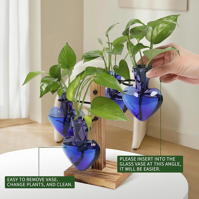 Plant Terrarium Propagation Stations with Wooden Stand | Glass Vase for Indoor Hydroponics Home Garden Office Decoration Gift for Women - 4 Love Bulb Vase