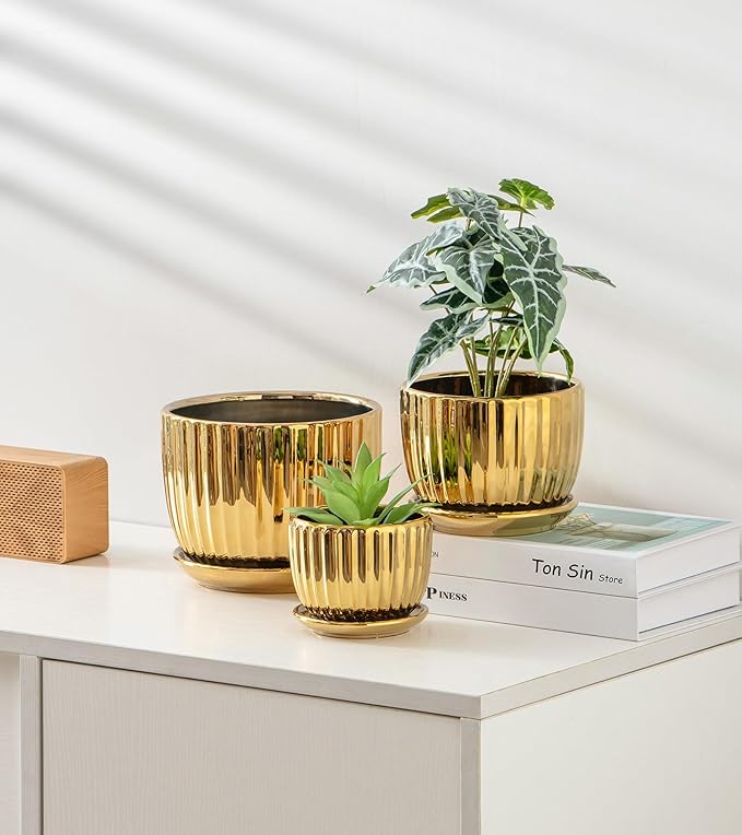Ton Sin Gold Plant Pots,4.1+5.1+6.5 Inch Ceramic Succulent Planters Set of 3,Indoor Flower Pot with Drainage,Handmade Decorative Ceramic Orchid and Herb Pots(Gold)