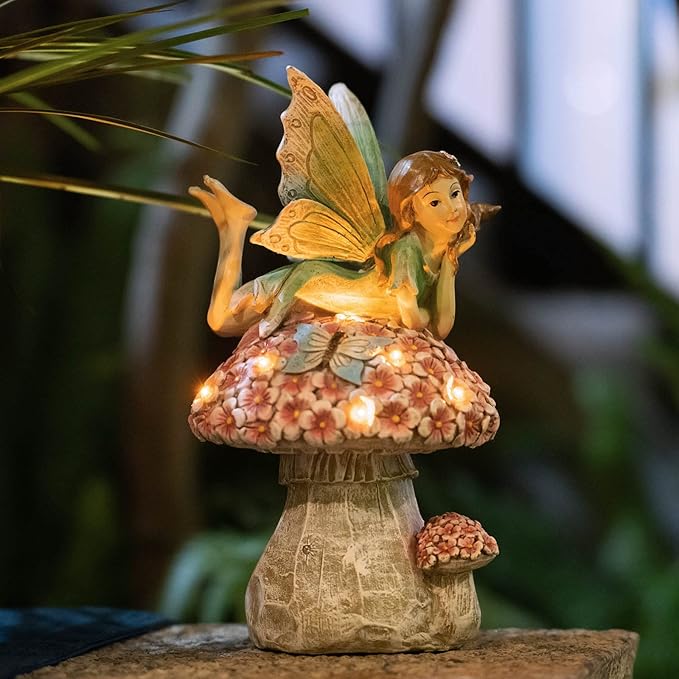 Suyorpe Solar Fairy Garden Statue Lights Outdoor Decor - Fairies Mushroom Resin Waterproof Figurine for Patio Backyard Yard Lawn Decoration,Gift for Mom Grandma Wife