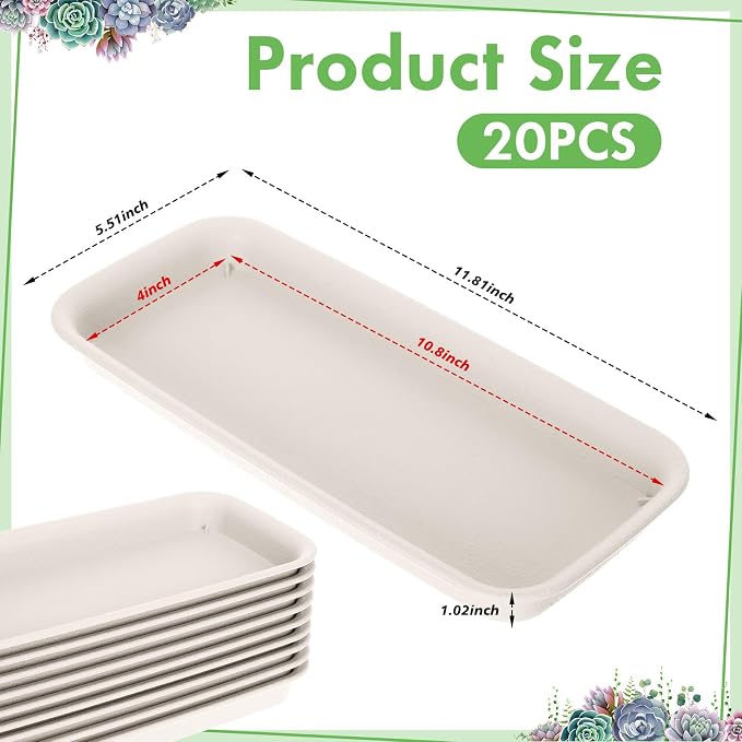 Gejoy 20 Pack Plastic Rectangular Plant Saucer Tray Bulk, 11.8 x 5.3 x 1 Inch Durable Plastic Plant Drip Trays Windowsill Soil Blocking Trays No Holes Watering Tray for Indoor Outdoor Garden Supplies