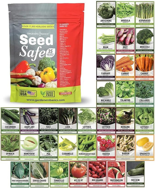 Gardeners Basics Seed Safe Kit - 35 Easy to Grow Heirloom Vegetable Seeds for Beginners - Non GMO Garden Starter Set with 17,000+ Seeds - Gardening Gift for Families
