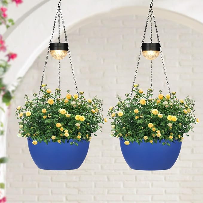 SUNNYPARK 2 Packs Hanging Planters Basket for Outdoor Plants, Solar Powered Self Watering Blue Round Plastic Flower Pots with Drainer for Balcony Patio Garden Outdoor Decoration