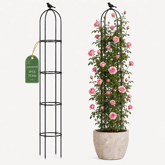 Garden Obelisk Trellis for Climbing Plants Outdoor, 6.3 ft Tall Rose Trellis Climbing Plants Support for Potted Light Vine Flower Vegetable Cucumber Trellis Raised Garden Bed, Black, 1PC