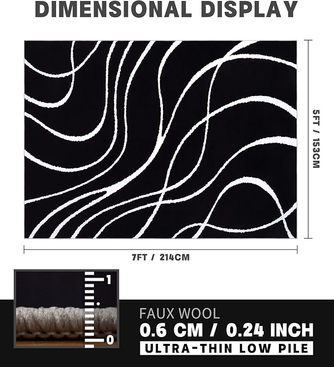 Black Modern Area Rug 5x7,Abstract Rugs for Bedroom,Black and White Geometric Rug,Minimalist Striped Rug,Dark Washable Area Rugs 5x7 Non Slip Throw Rugs for Bedroom，Office