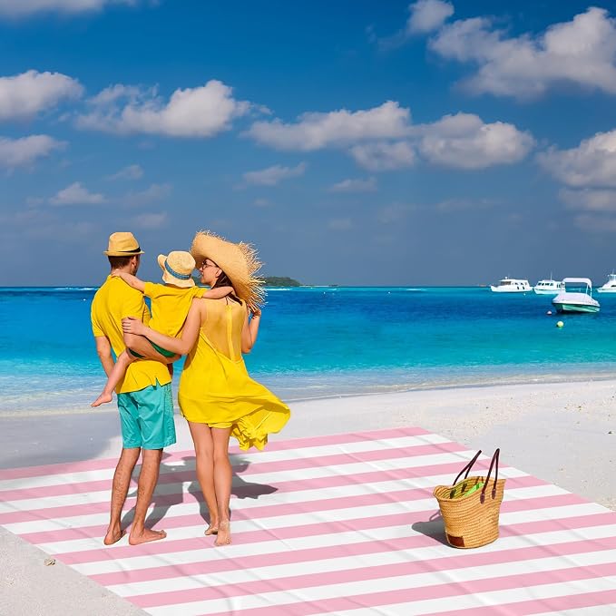 Beach Blanket Sandproof Waterproof,Extra Large Picnic Blanket 9 Ft X 10 Ft for 8 Adults with Stakes and Sand Pocket, Compact Lightweight Sand Free Beach Mat Essential- Pink Striped
