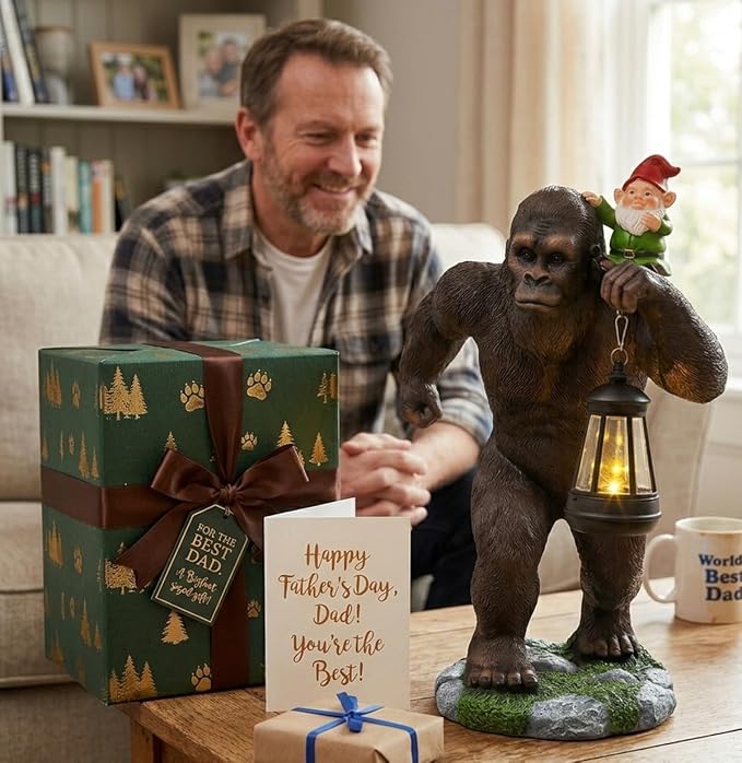 Solar Bigfoot Garden Statue with Gnome & Lantern, 16 Inch Sasquatch Decor | Large resin outdoor statue for patios and yard. Funny Bigfoot gift for husbands, dads, grandpas and Sasquatch fans.