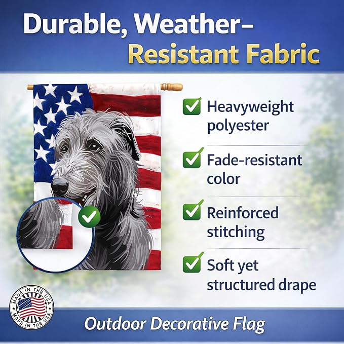 Caroline's Treasures CK6695CHF Scottish Deerhound Dog American Flag House Flag Large Porch Sleeve Pole Decorative Outside Yard Banner Artwork Wall Hanging, Polyester, House Size, Multicolor