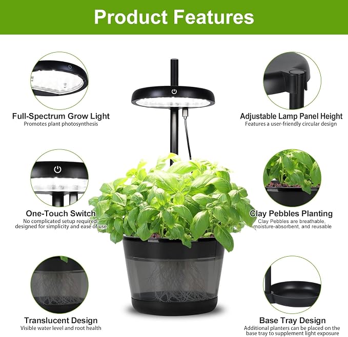 Indoor Clay Pebbles Hydroponic Gardening System with 20W LED Plant Grow Light.The Translucent hydroponic Growing System for Hydroponic Herbs, Vegetables, Lettuce Harvest on Countertop for Mother's Day