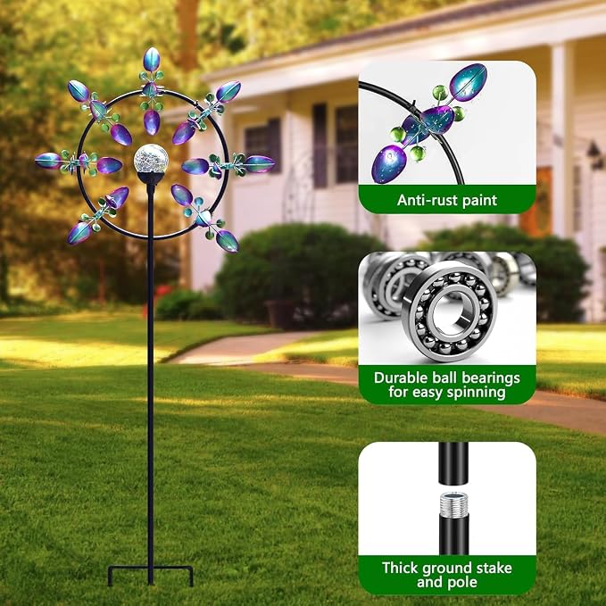 Large Peacock Solar Wind Spinner Outdoor - Metal Kinetic Sculptures with Color-Changing Glass Ball, Dual Direction Spinning Garden Art Decor, Waterproof Lighted Windmills for Patio, Yard, Lawn