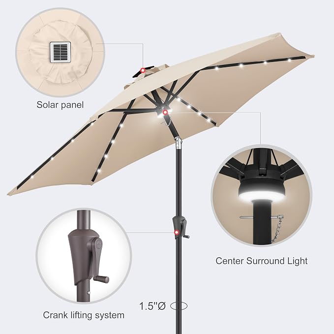 7.5ft Solar Umbrella Outdoor - Lighted Solar Patio Umbrella with 24 LED Lights Waterproof UV Protection, Table Umbrella with Tilt for Pool, Porch, Garden, Deck, Backyard (Beige)