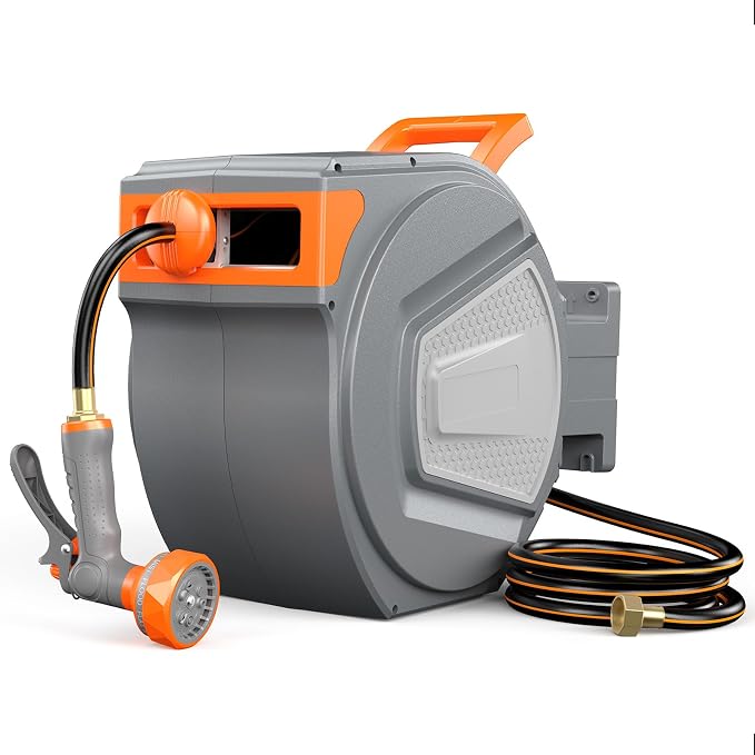 OLIXIS Automatic Retractable Garden Hose Reel, Heavy Duty Wall Mounted Water Reel with 1/2 in x 100 ft Hose, 9 Pattern Nozzle, Slow Rewind Any Length Lock, 180° Swivel for Garage Outside