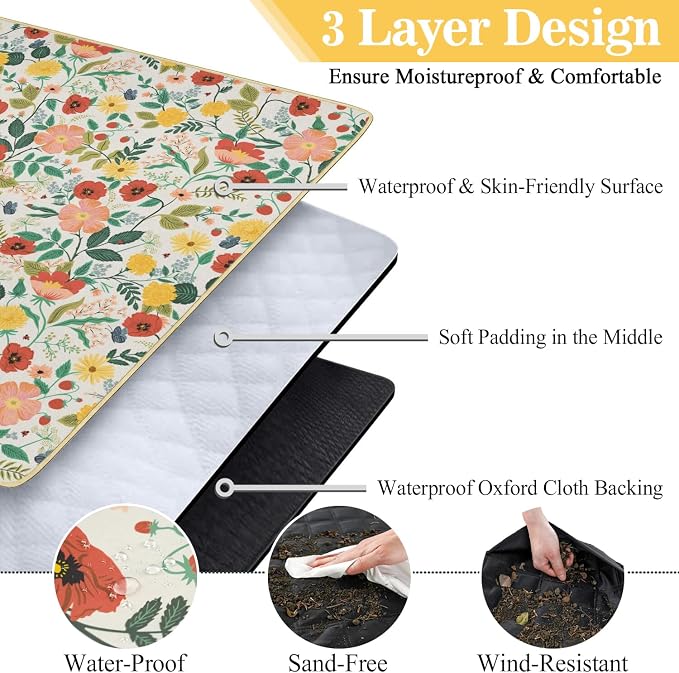 Picnic Blankets Waterproof Foldable Extra Large,80"x 80" Outdoor Beach Blanket Sandproof,3-Layer Lightweight Handy Mat Tote Picnic Camping Rugs for Outside Your Rv (Strawberry Floral Botanical Poppy)