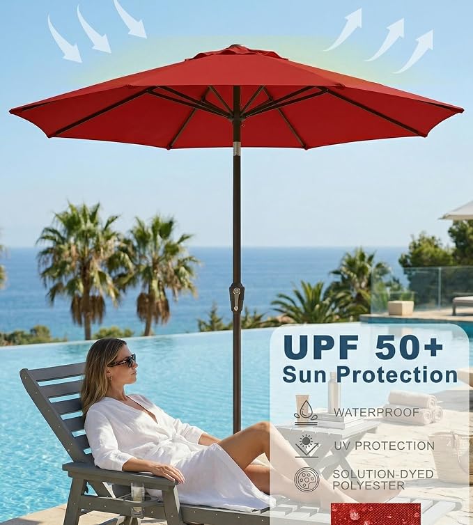 PatioKingdom Auto-Tilt 9FT Patio Umbrella Outdoor with 8 Sturdy Fiberglass Ribs,Market Table Umbrella for Pool,Backyard,Deck and Garden