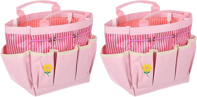 HARFINGTON 2pcs Garden Tool Bag 13.19" x 3.94" x 9.45" Large Oxford Tote Bag with Pockets Gardening Plant Tool Organizer Storage Carrier Store for Outdoor Women Men, Pink