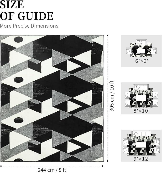 8x10 Black and White Modern Geometric Patchwork Washable Area Rug | Stain-resistant Low-pile Black and Grey Large Carpet, Non Slip Geometric Rug for Living Room Dining Room and Bedroom Floors