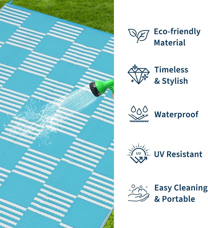 Garvee Waterproof Outdoor Rug 5x8, Checkered Foldable Plastic Straw Patio Camping Rug, Outdoor RV Carpet for Deck Camper Porch Balcony Backyard Picnic Beach Blue and White