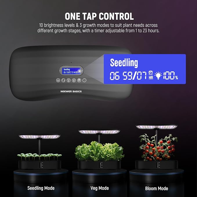 NEEWER Basics Hydroponics Growing System Kit with LED Plant Light/3 Growing Modes/12 Pods/Timer/LCD/Smart Quiet Pump, Touch Light Planter for Herb Garden Vegetables Flowers Indoor Gardening, HGS01