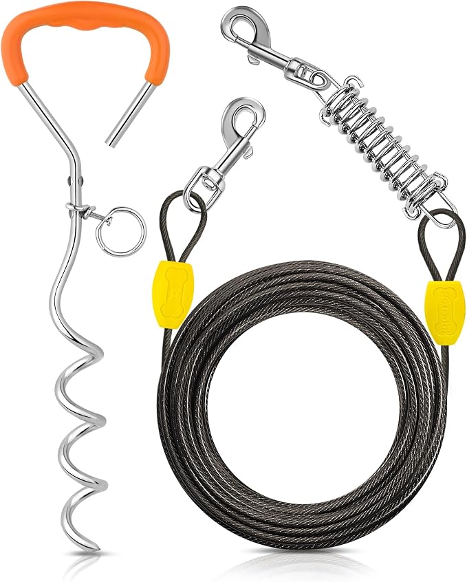 Petbobi Dog Tie-Out Cable and Stake - 30ft Heavy Duty Cable with Spring, No Tangle, 16in Ground Stake, Ideal for Outdoor Yard, Camping, Suitable for Small Medium Large Dogs Up to 120 lbs, Black