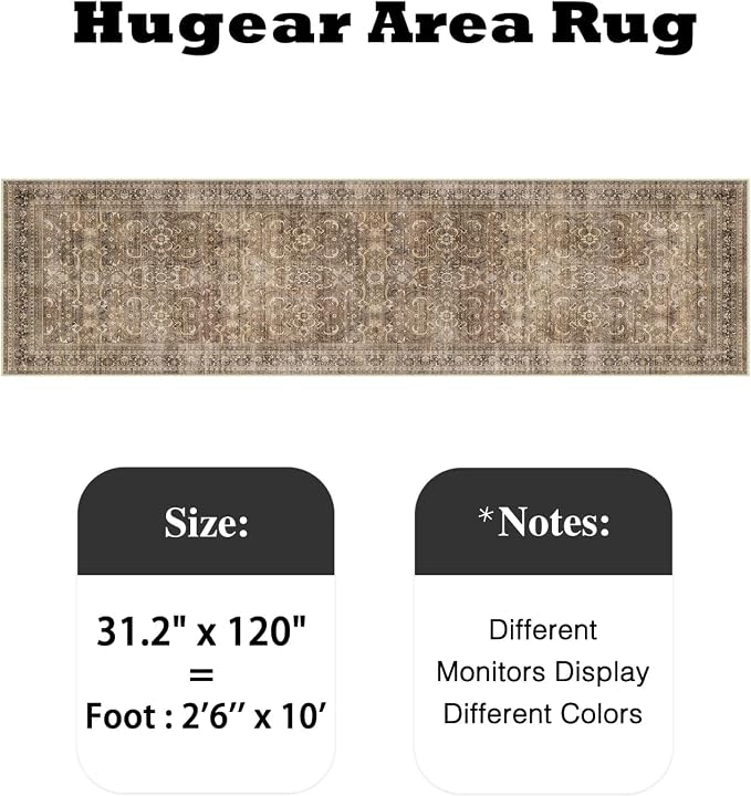 2'6''x10 Brown Vintage Distressed Washable Runner Rug for Hallway | Low Pile, Non Slip, Retro Style, Soft Distressed Long Hallway Runner for Kitchen, Entryway, Laundry, Bedroom, Home Decor