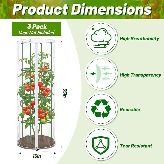3 Pcs Garden Tomato Plant Cover Netting, Fits 15" x 55" Tall Round Tomato Cage, with Zipper & Drawstring, Garden Bird Netting for Vertical Climbing Vegetables and Fruits (No cage)