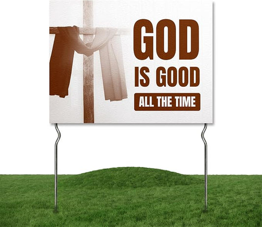 God is Good - All the Time! Yard Sign by DC | 24"x18" Double Sided Church Garden Sign with 13” Metal Stakes | Outdoor Signs Waterproof for Lawn, Patio, Sidewalk & House | Set of 4 | Made in USA