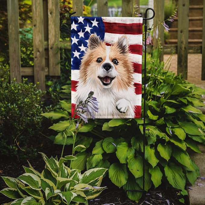 Caroline's Treasures CK6566GF Icelandic Sheepdog Dog American Flag Garden Flag Mailbox Flag Decorative Yard Flag Banner Outside Patio Artwork Yard Flower Beds, Garden Size, Multicolor
