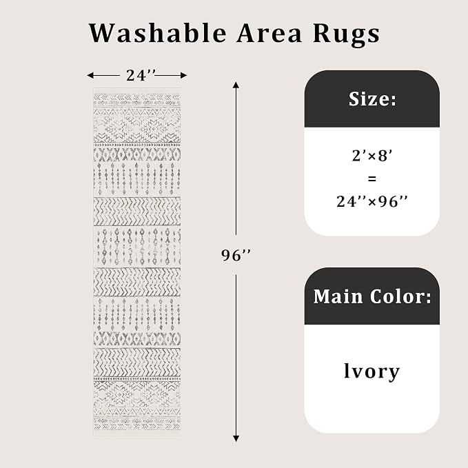 Art&Tuft 2x8 Runner Rug Non Slip, Washable Rug Runners for Hallways,Ivory | Low Pile, Moroccan Soft & Lighweight, Folable, Stain Resistant 8ft Carpet Runners for Entryway,Kitchen,Living Room,Bedroom
