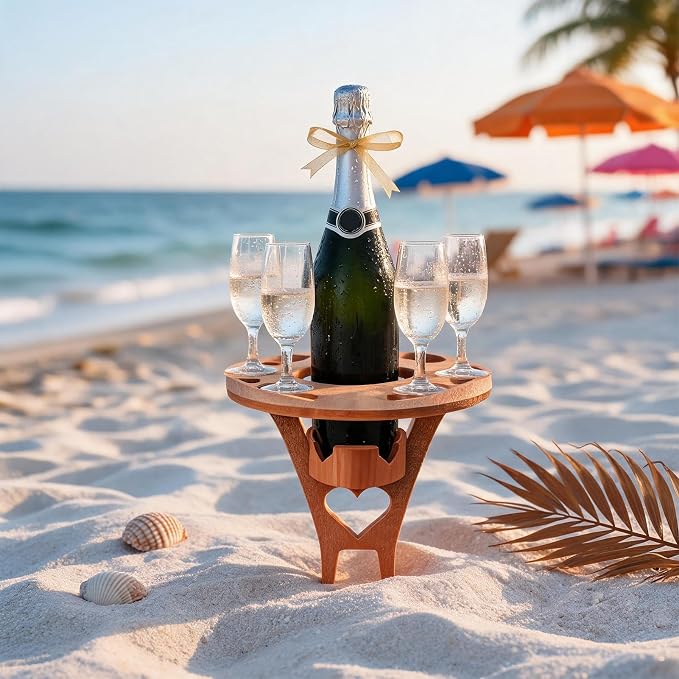 Foldable Wine Table Outdoor, Portable Mini Wooden Picnic Table Wine Glass Holder for Beach BBQ Camping Yard Lawn Party