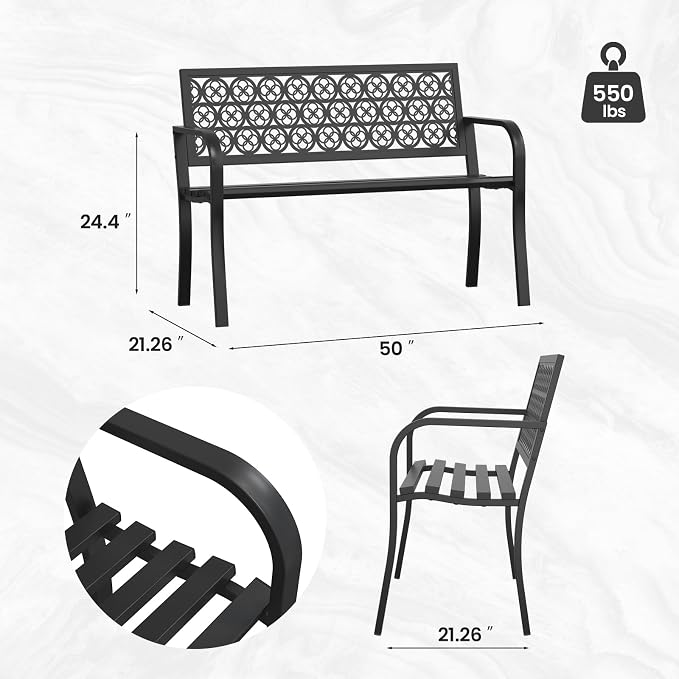Outdoor Bench with Clover Back, Heavy-Duty Metal Frame Graden Bench, Weatherproof Patio Park Bench for Front Porch, Park, Yard, Patio