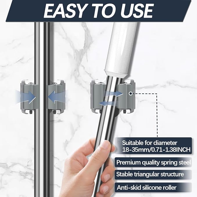 3-H Mop and Broom Holder Wall Mount 6 Pack, Broom Holder for Garage Garden Shed Storage System Laundry Room Home Kitchen Organization up to 1.45 Inch(Grey)