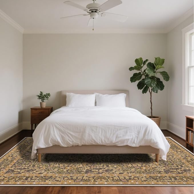 5x7 Washable Area Rugs for Living Room, Stain Resistant Vintage Rugs for Dining Room Under Kitchen Table, Bedroom, Floral Low Pile Non-Slip Large Carpet (5 x 7 Goldenrod)