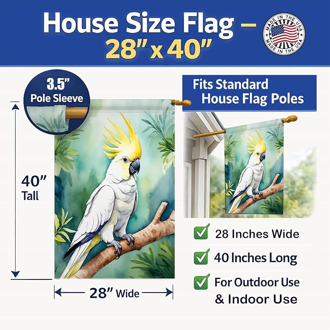Caroline's Treasures Sulphurcrested Cockatoo House Flag Large Porch Sleeve Pole Decorative Outside Yard Banner Artwork Wall Hanging, Polyester, House Size, Multicolor