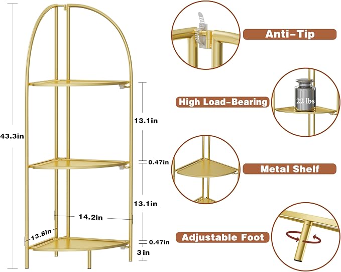 Crofy Foldable 3 Tier Corner Shelf, Metal Corner Plant Stand with Gold Frame and Gold Shelves, Corner Display Rack Multipurpose Shelving Unit for Living Room, Bedroom, Bathroom