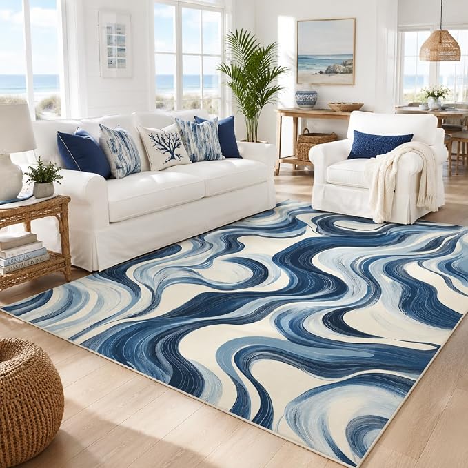Blue and White Wave Area Rug 5x7 Modern Wavy Stripes Rugs for Living Room