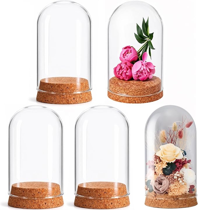 IMIKEYA 5Pcs The Bell Jar Glass Cloche with Rustic Wood Base, Tall Clear Decorative Cloche Glass Dome Display Case for Plants, Curios, Keepsakes, Heirlooms