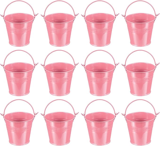 PATIKIL 2.7"x2.3" Small Metal Buckets with Handle, 12 Pcs Mini Galvanized Bucket Colorful Easter Buckets for Crafts Party Favors Decoration, Pink