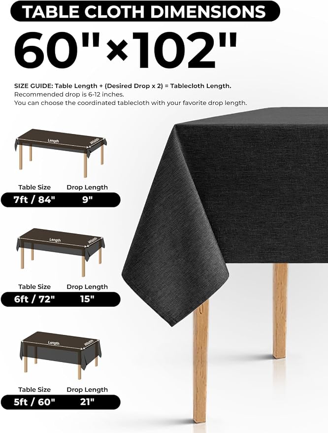Decorelia Waterproof Black Table Cloths for Rectangle 6 Ft Table-2 Pack, Washable Polyester Rustic Fabric Faux Linen Reusable Table Cloth Cover for Wedding,Outdoor,Events, Party,Dining, 60x102 Inch
