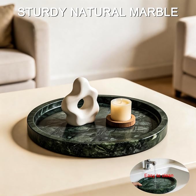 Natural Marble Tray, 9.45" x 0.99" Round Marble Vanity Tray, Marble Ring Dish for Bathroom, Jewelry Tray, Coffee Table,Sink Storage Holder Organizer, Bedside Table,Home Decor,Green (NS055)