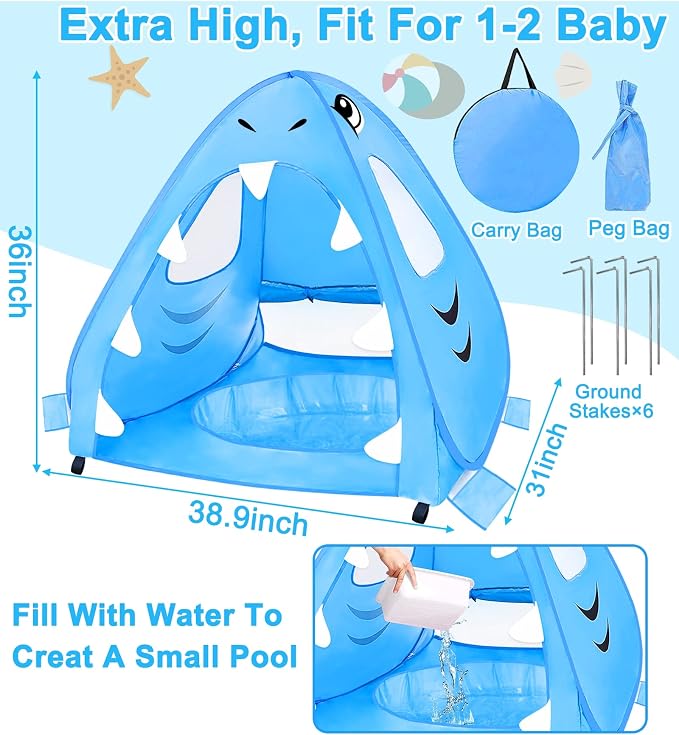 [ Extra High ] Shark Baby Beach Tent with Pool for Toddler Aged 3-60 Months | Pop Up Kiddie Pool Tents Baby Beach Essentials UPF 50+ UV Protection 4 Sand Pockets 3 Mesh Sun Beach Shade Tent for Kids