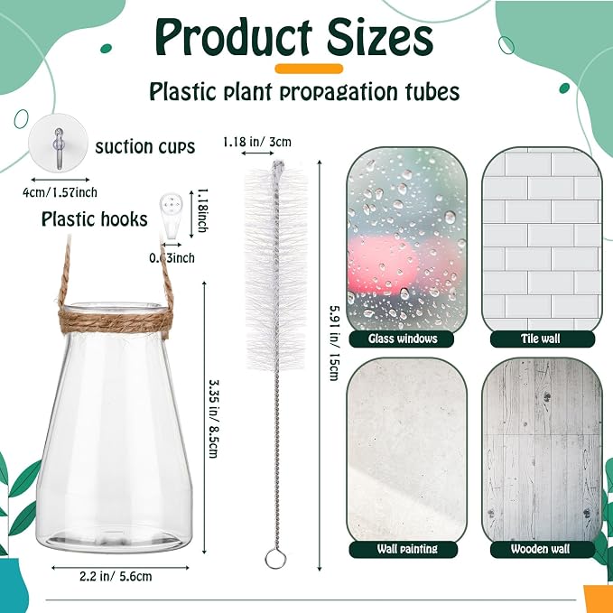 Baderke 9 Sets Window Hanging Propagation Stations 3.35'' Plastic Propagation Vases with Suction Cup & Traceless Nail, Propagated Holder Wall Jars for Office Garden Decoration Gift