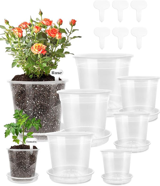 6 Pack Clear Nursery Pots with Drainage 9.5/8/7.5/6.7/5/4.5 Inch Nursery Pots with Saucers Transparent Seedling Pots Including Plant Labels Seed Starting for Indoor Outdoor Home Gardening