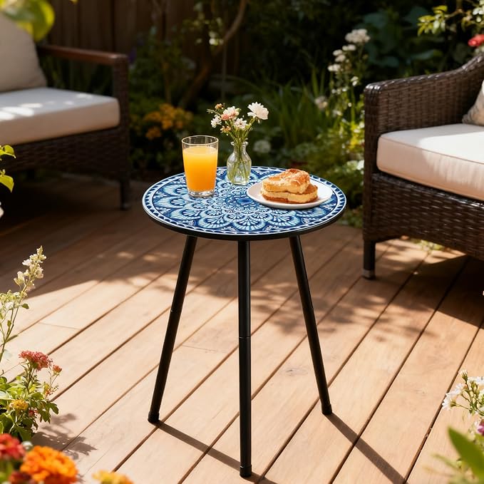 1 Pack Metal Mosaic Round Side Tables 13.4" Small Outdoor Patio Round Accent Coffee Tables Indoor Corner Stand for Small Spaces Weather-Resistant for Balcony, Porch Plant Stands Indoor, Light Blue