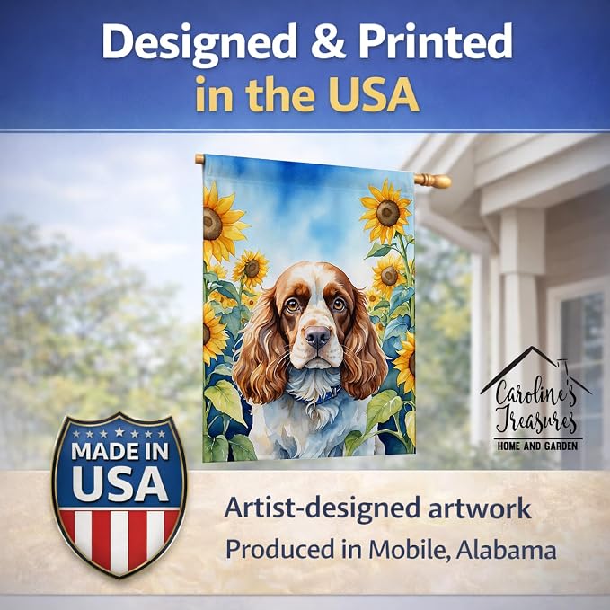 Caroline's Treasures DAC6058CHF Cocker Spaniel in Sunflowers House Flag Large Porch Sleeve Pole Decorative Outside Yard Banner Artwork Wall Hanging, Polyester, House Size, Multicolor