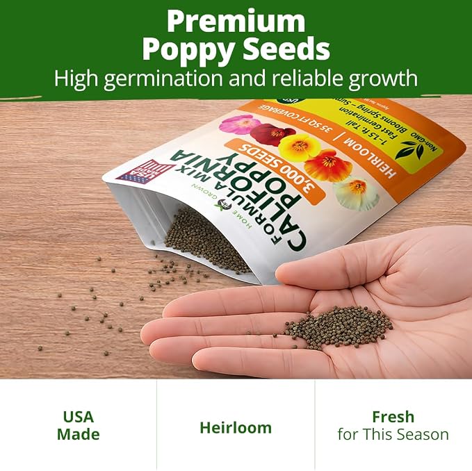 HOME GROWN California Poppy Formula Mix Flower Seeds for Spring 2026 Planting, Eschscholzia californica, 3000 Seeds 3.9g, Heirloom Non-GMO California Wildflower Seeds Bulk, Poppy Flower Seed