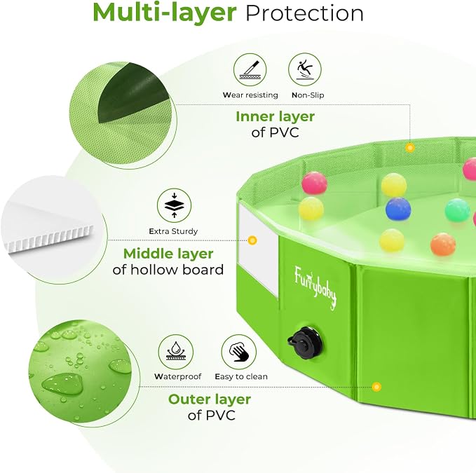 Furrybaby Foldable Dog Pool Non-Slip Hard Bath Tub Indoor Outdoor Pets Kids | Collapsible rigid dog pool with non-slip PVC, durable hard plastic tub, portable indoor & outdoor use for pets and kids,green