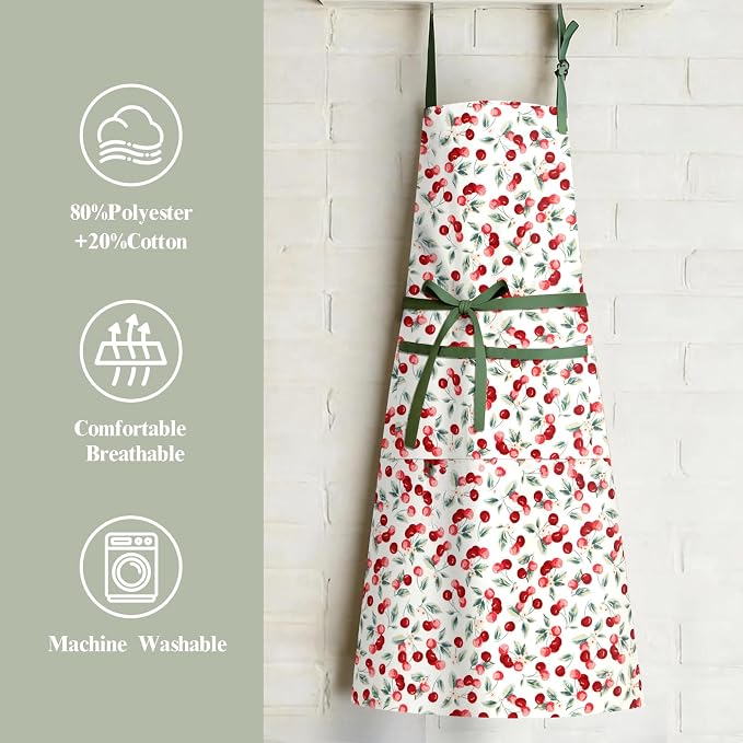 Women's Cherry Floral Print Vintage Kitchen Cooking Apron | Adjustable Tie Straps & Big Storage Pockets, Cute Gardening Pinafore, Nice Gift for Baking & Tea Lovers(Cherry red)