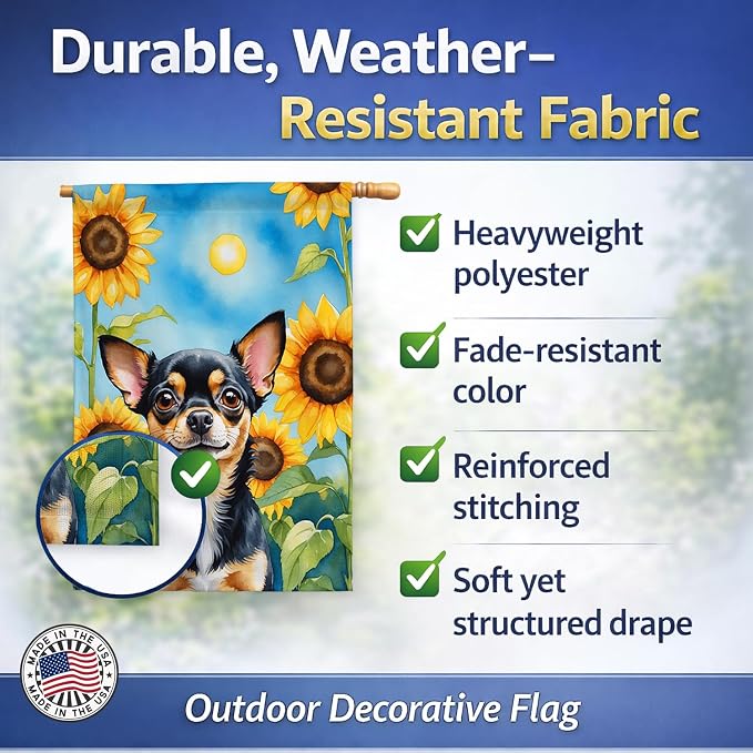 Caroline's Treasures DAC6052CHF Chihuahua in Sunflowers House Flag Large Porch Sleeve Pole Decorative Outside Yard Banner Artwork Wall Hanging, Polyester, House Size, Multicolor