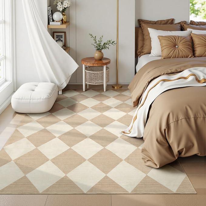 Beeiva Checkered Print 5x7 Washable Area Rugs for Bedroom, Non Slip Ultra Thin Beige Rugs for Living Room, Geometric Plaid Dorm Decor Soft Low Pile Carpet for Office Kids Room Classroom
