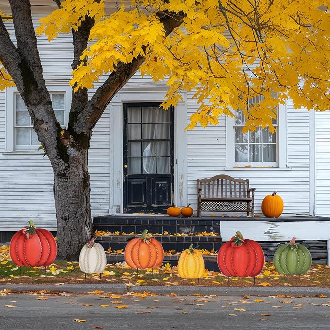 PHITRIC Fall Decorations Outdoor, 34" 2PCS Decorative Garden Stakes with 6 Pumpkins for Fall Decor, Metal Yard Signs for Home Outside Garden Yard Lawn Patio, Thanksgiving Decorations